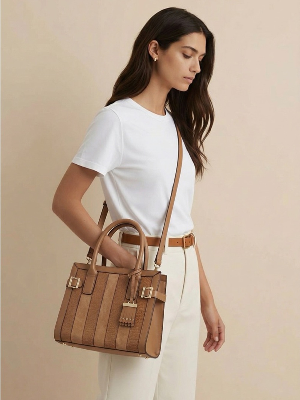 Nine West  Women's Tan Leather‎ Shoulder Bag Adjustable Strap Medium